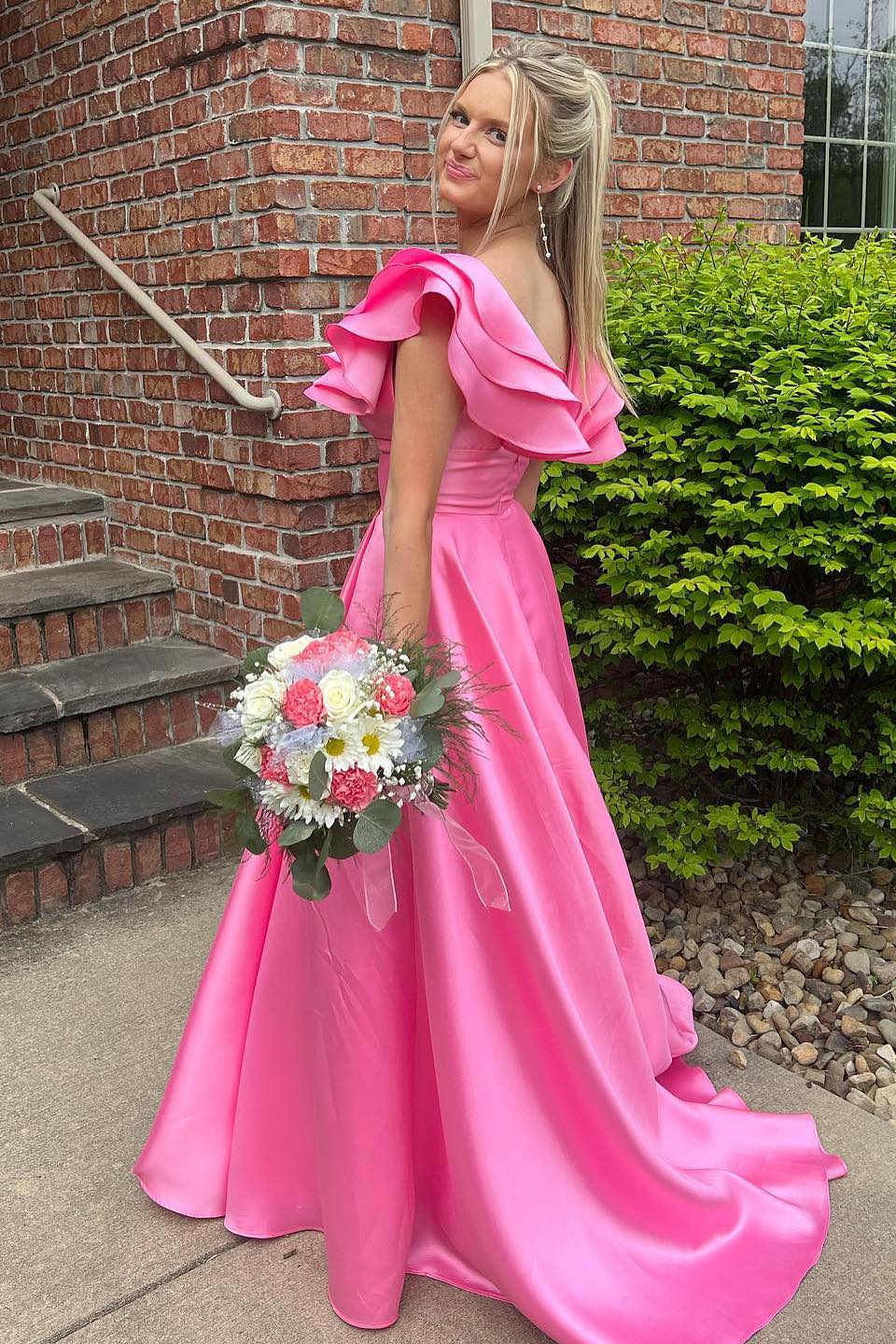 Hot Pink V-Neck Ruffle A-Line Long Prom Dress,DP0133