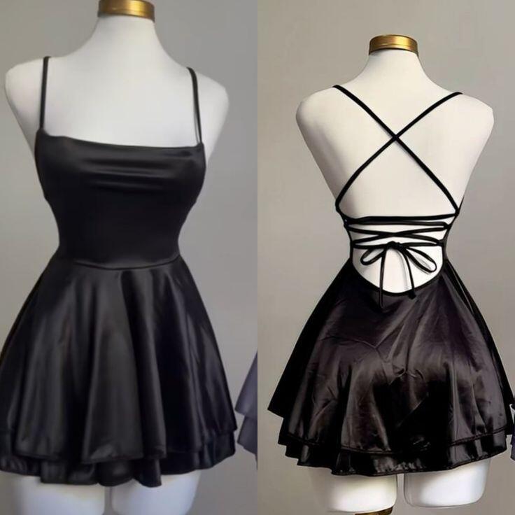 Robe de soirée courte et simple en satin noir, coupe trapèze, dos nu, DP3032