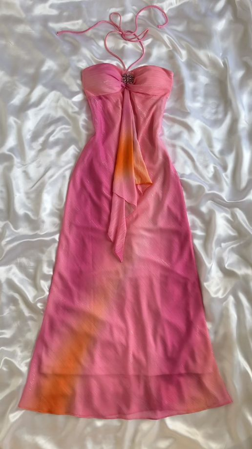 Rosa Neckholder-Etuikleid aus Chiffon im Vintage-Stil mit Farbverlauf, DP3657