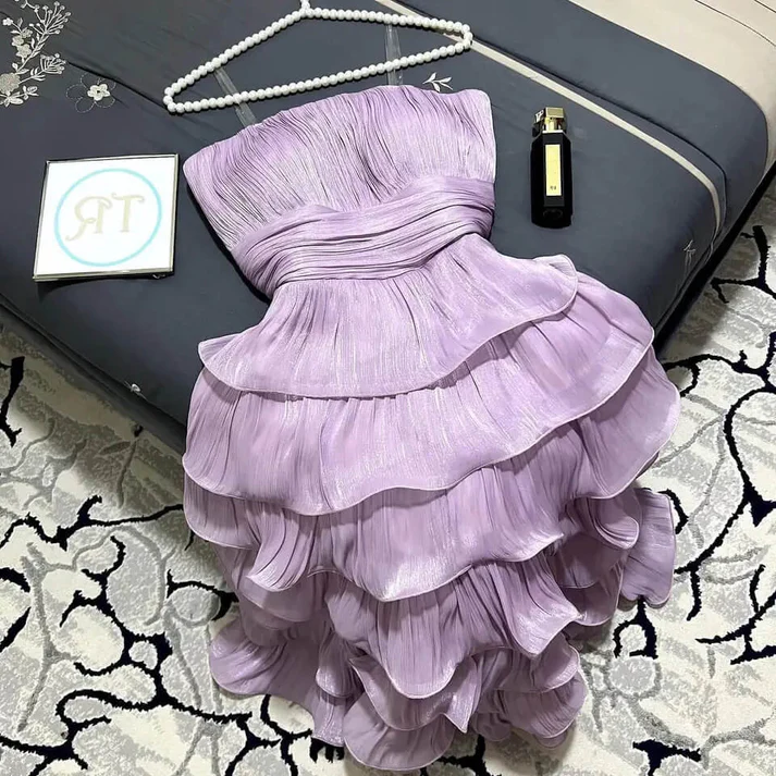 Lilac Strapless Wavy Tiered Middi Party Dress Birthday Outfits, DP3020