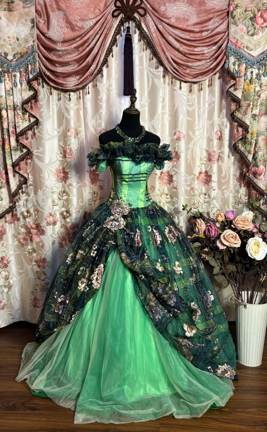 Green Off Shoulder A-Line Embroidery Tulle Long Evening Dress Birthday Ball Gown, DP5128