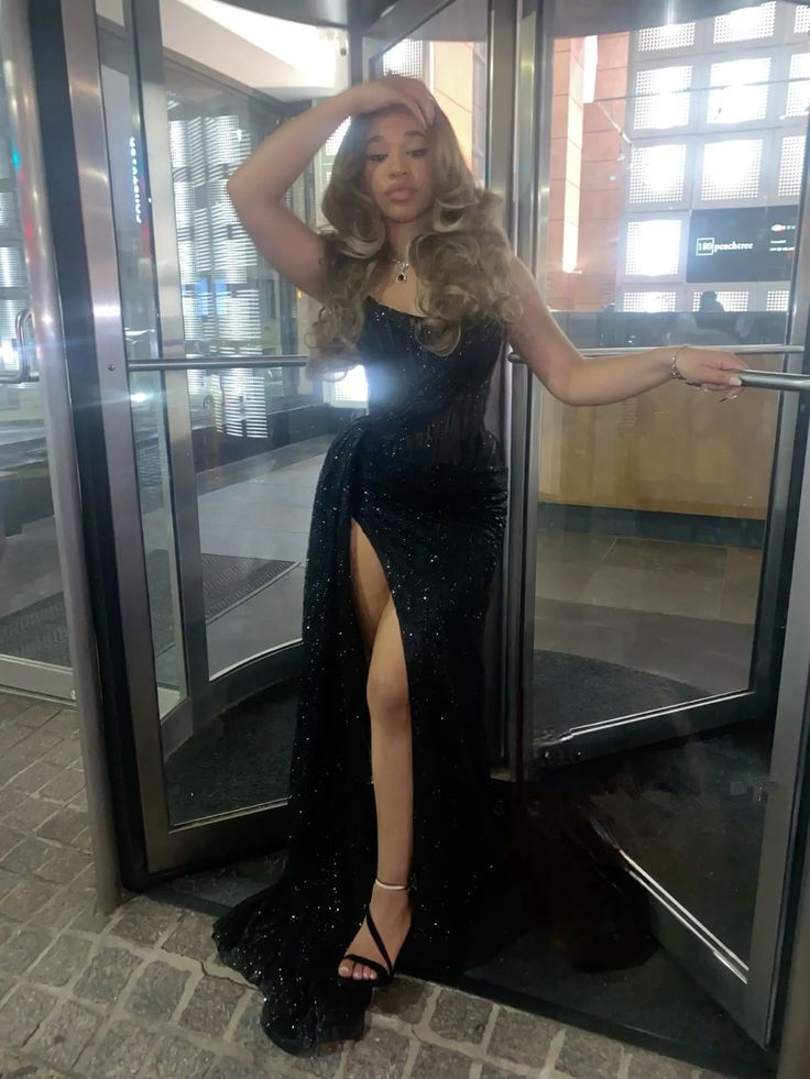 Vintage Sparkling Black Sequin Strapless High Slit Evening Party Dress – DSProm Vintage Sparkling Black Sequin Strapless High Slit Evening Party Dress – DSProm