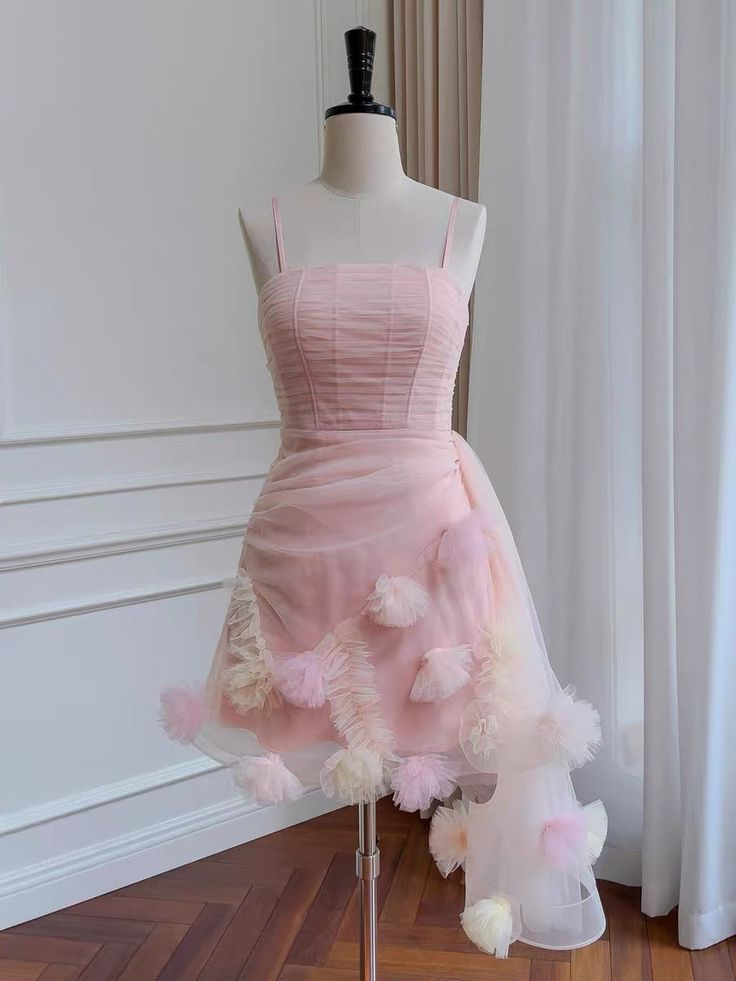 Lovely Pink Straps A-Line Homecoming Dress Tulle Birthday Outfits, DP3217