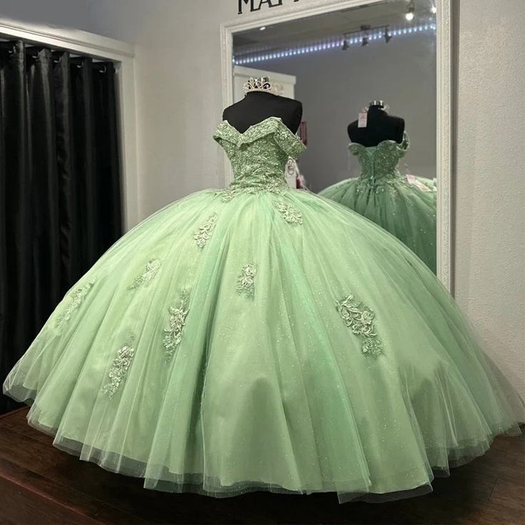 Sage Green Sweet 16 Quinceanera Dresses Applique Lace Prom Gown, DP330 – DSProm Sage Green Sweet 16 Quinceanera Dresses Applique Lace Prom Gown, DP330 – DSProm