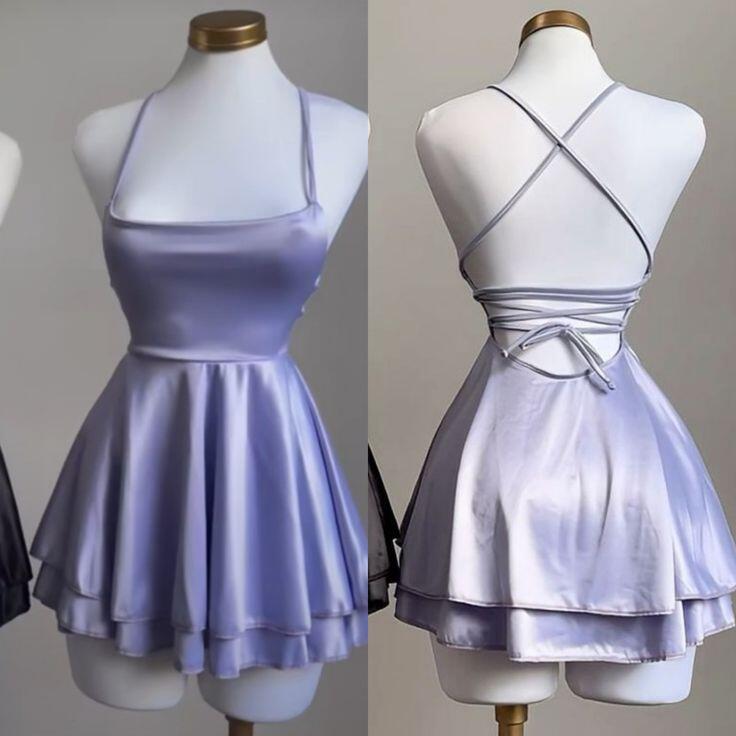 Robe de soirée courte et simple en satin noir, coupe trapèze, dos nu, DP3032