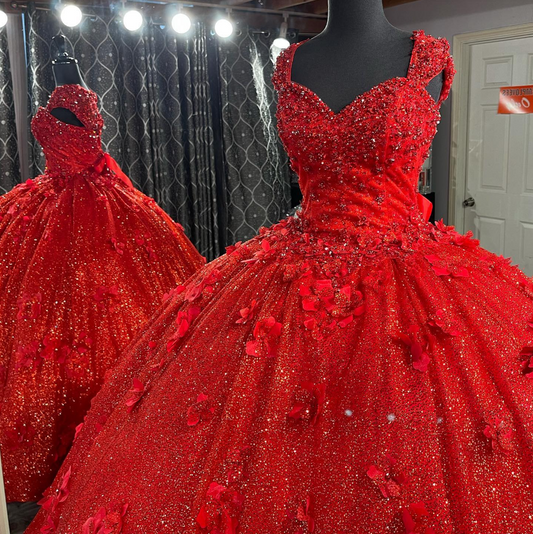 Wunderschönes rotes Quinceanera-Kleid mit Perlen und Blumenmuster, DP2679