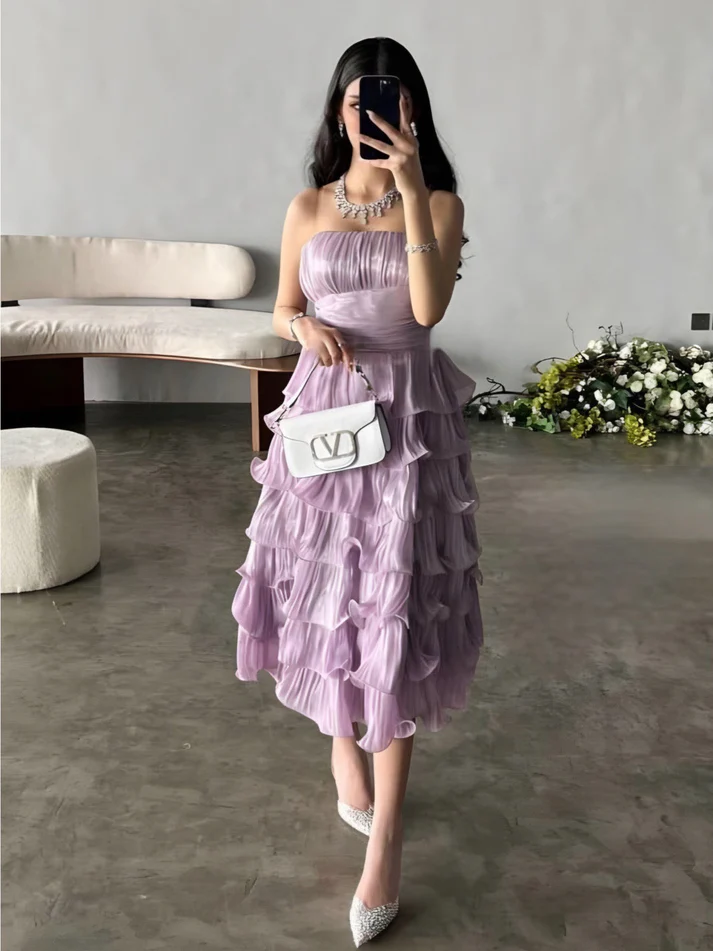 Lilac Strapless Wavy Tiered Middi Party Dress Birthday Outfits, DP3020