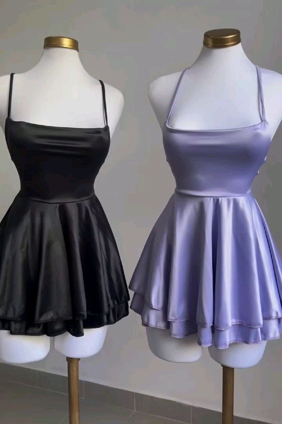 Robe de soirée courte en satin noir coupe trapèze, robe de soirée simple, DP2969
