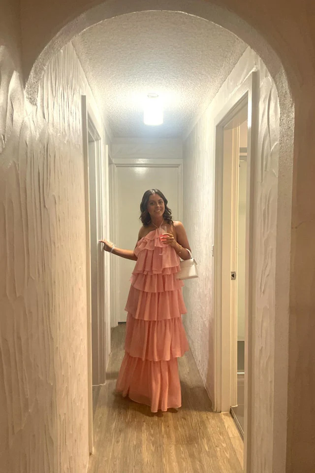 Pink Halter Multi-Layers Long Party Dress Wedding Guest Dress, DP2836