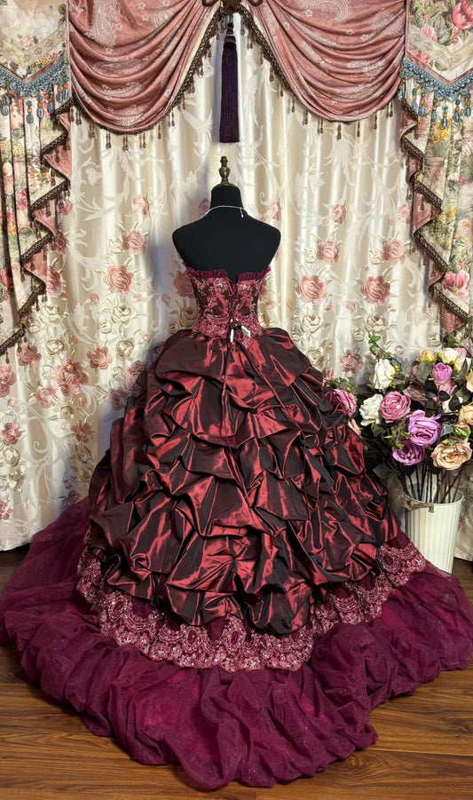 Vintage Burgundy Strapless Sequin Sweet 16 Quinceanera A-Line Evening Dress Ball Gown DP6283