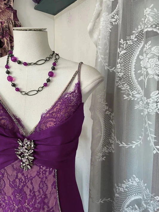 Charming Purple Straples Mermaid Lace Long Evening Party Dresses, DP5441