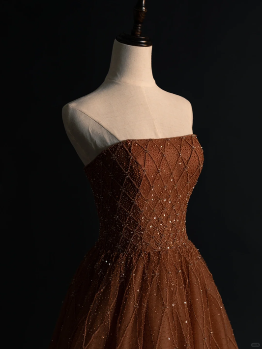 New Arrival Strapless A-Line Beading Tulle Long Prom Dress Evening Gown, DP5216