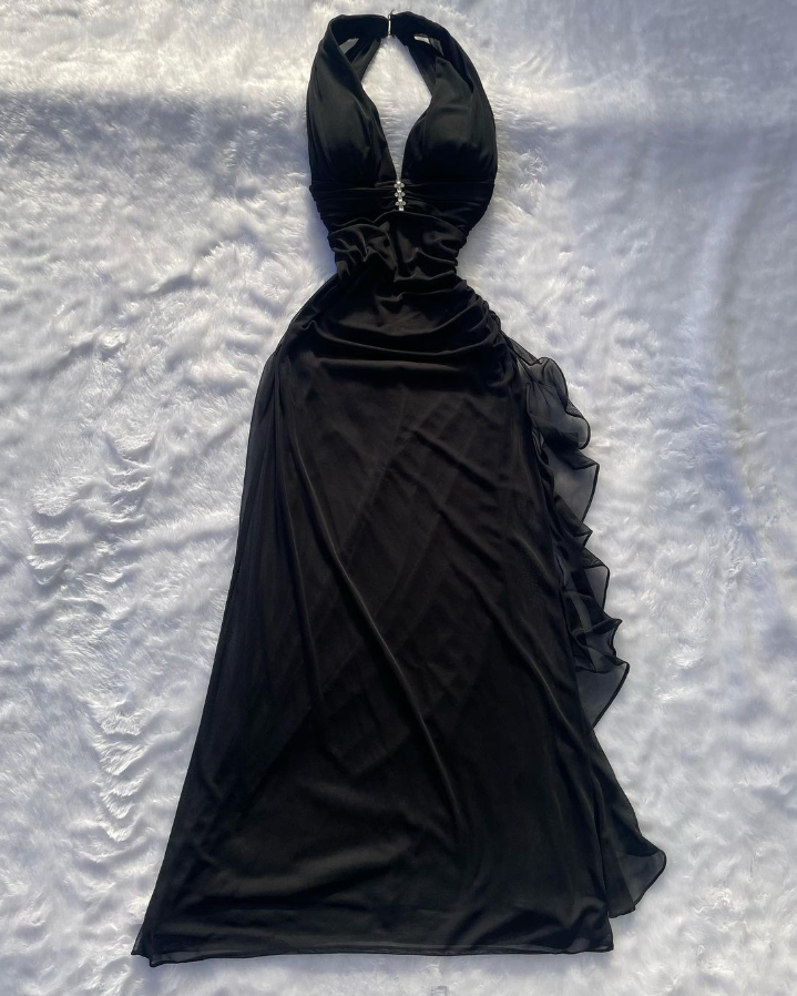 Elegant Black Ruffles Vintage Long Prom Dress , DP2566 – DSProm