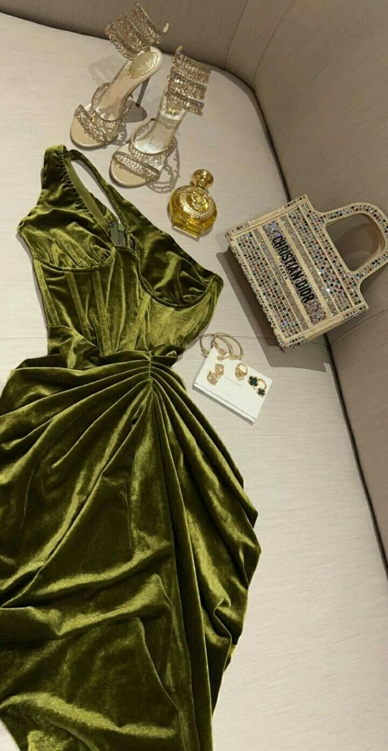Robe de cocktail mi-longue en velours vert, asymétrique, DP2696