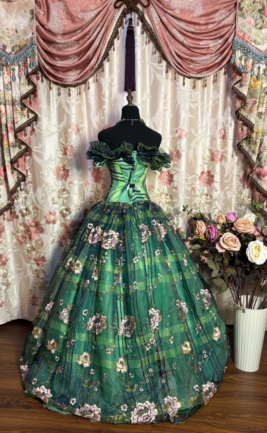 Green Off Shoulder A-Line Embroidery Tulle Long Evening Dress Birthday Ball Gown, DP5128