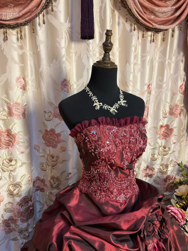 Vintage Burgundy Strapless Sequin Sweet 16 Quinceanera A-Line Evening Dress Ball Gown DP6283