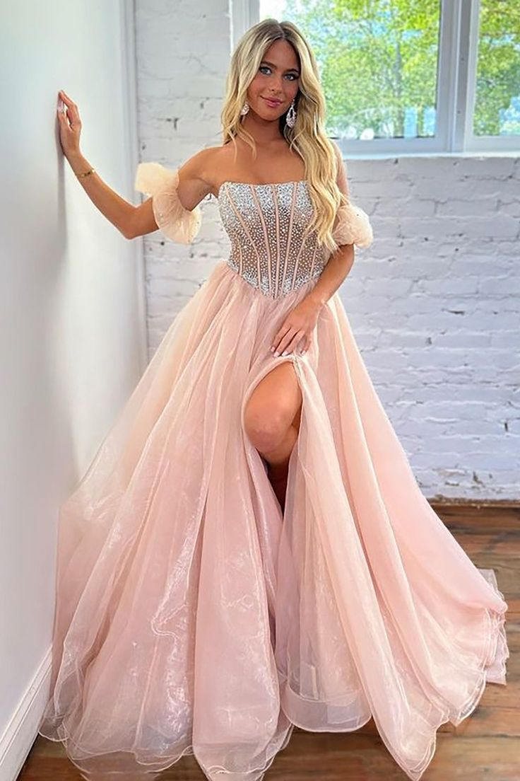 Robe de bal en organza sans bretelles, coupe trapèze, blush, DP080
