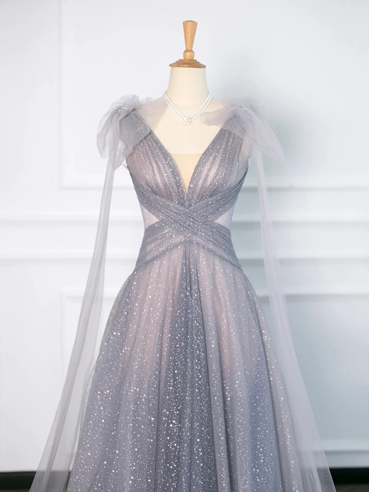 Robe de soirée élégante en tulle gris, col en V, coupe trapèze, dos nu, DP2481