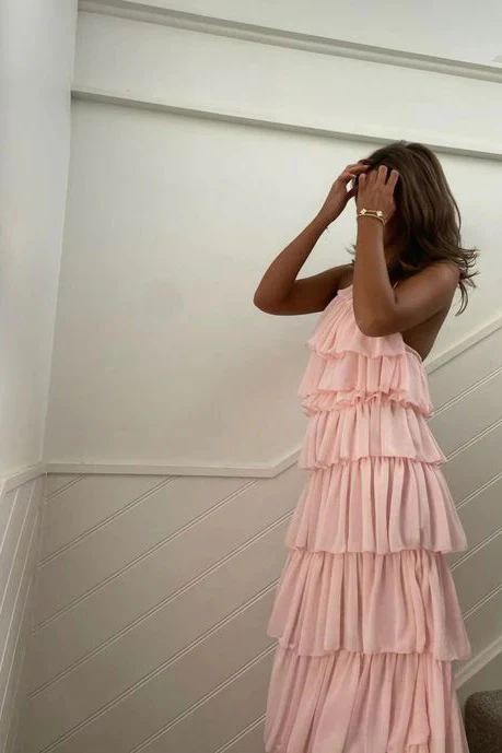 Pink Halter Multi-Layers Long Party Dress Wedding Guest Dress, DP2836