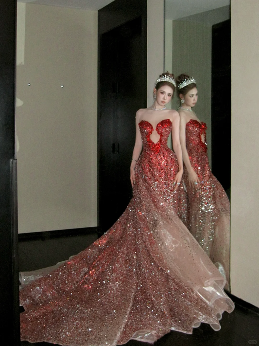 Sexy Wine Red Mermaid Sequins Long Evening Party Dress Birthday Outfits, DP5240