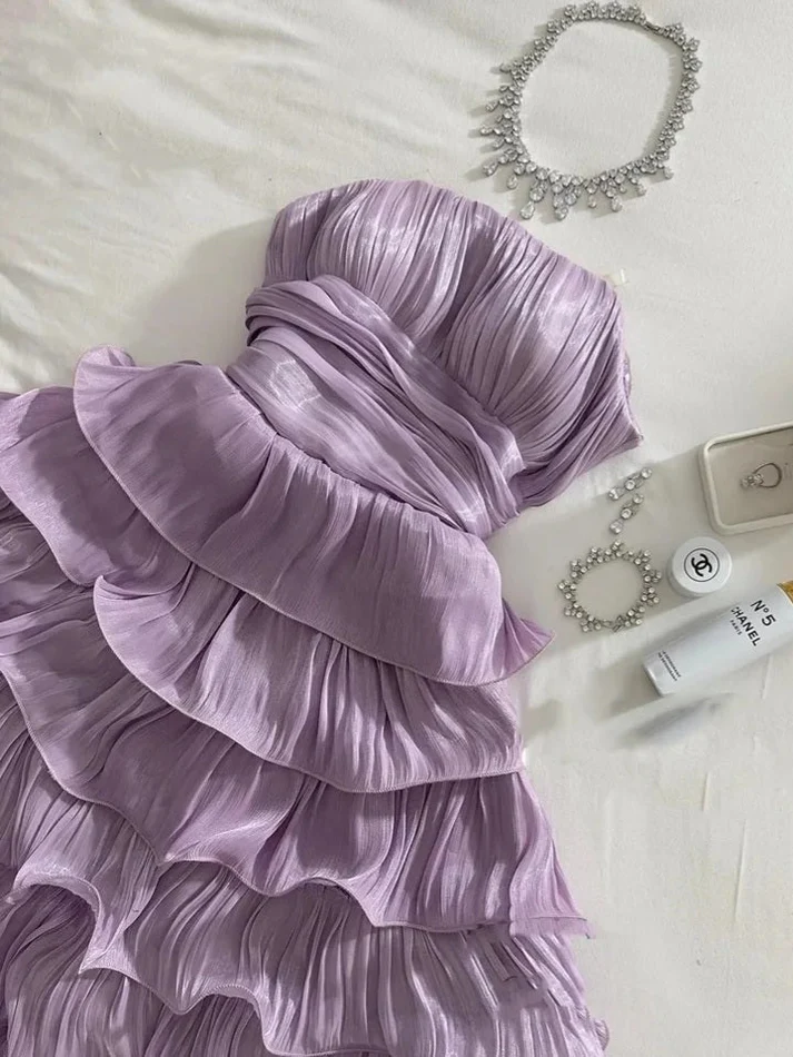 Lilac Strapless Wavy Tiered Middi Party Dress Birthday Outfits, DP3020
