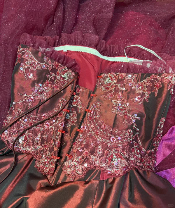 Vintage Burgundy Strapless Sequin Sweet 16 Quinceanera A-Line Evening Dress Ball Gown DP6283