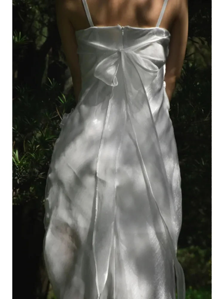 Robe longue de bal vintage à bretelles blanches et nœud papillon, DP3143