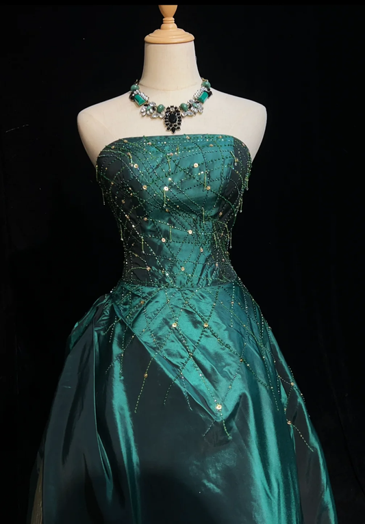 Modest Green Strapless A-Line Satin Beading Long Prom Dress Evening Gown, DP4886