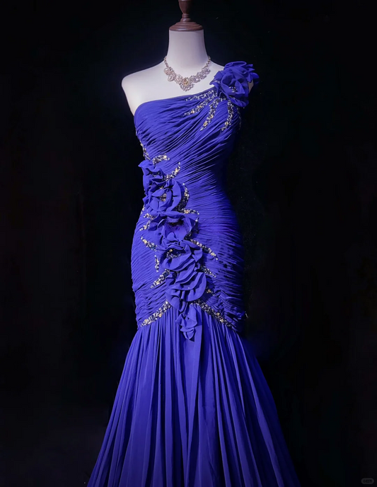 Purple One Shoulder Mermaid Beading Vintage Long Evening Party Dress, DP5328