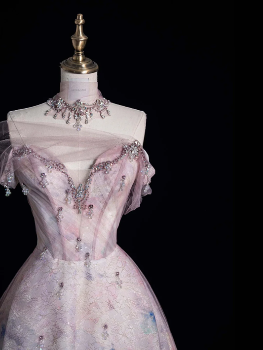 Gorgeous Off Shoulder A-Line Tulle Long Prom Dresses Evening Ball Gowns, DP5118