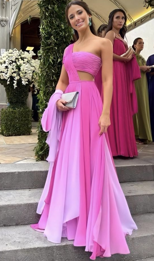 Robe de soirée longue rose asymétrique, coupe trapèze, DP2982