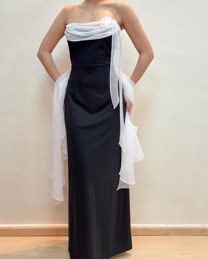 Elegant Black Spaghetti Straps Sheath Satin Vintage Long Evening Party Dresses, DP5461