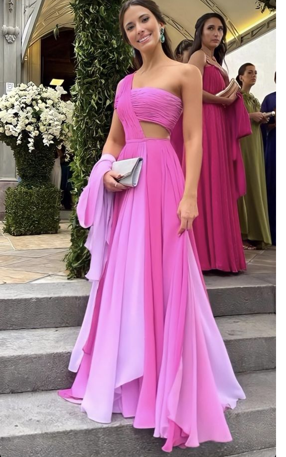 Robe de soirée longue rose asymétrique, coupe trapèze, DP2982