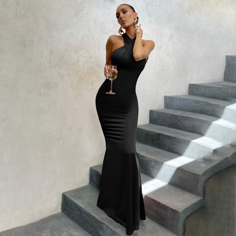 Sheath Stretch Crepe Ruched Halter Sleeveless Floor-Length Dresses ,DS5143