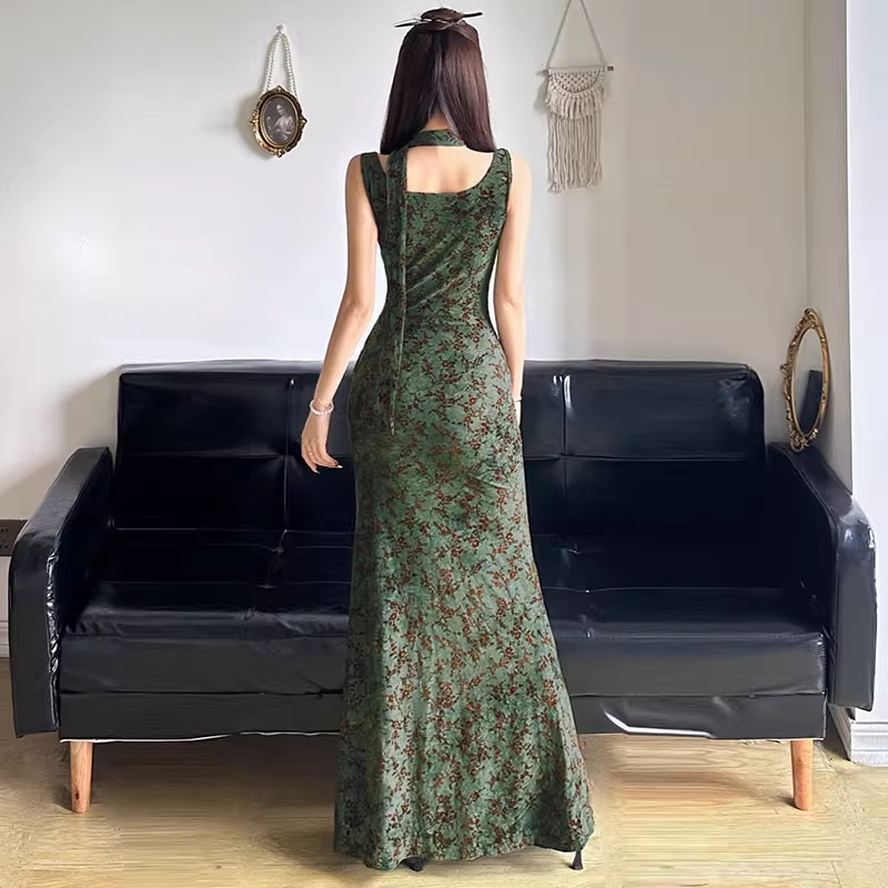 Vintage Green Floral V-neck Mermaid Summer Dresses Prom Dress Evening Dress DP6344