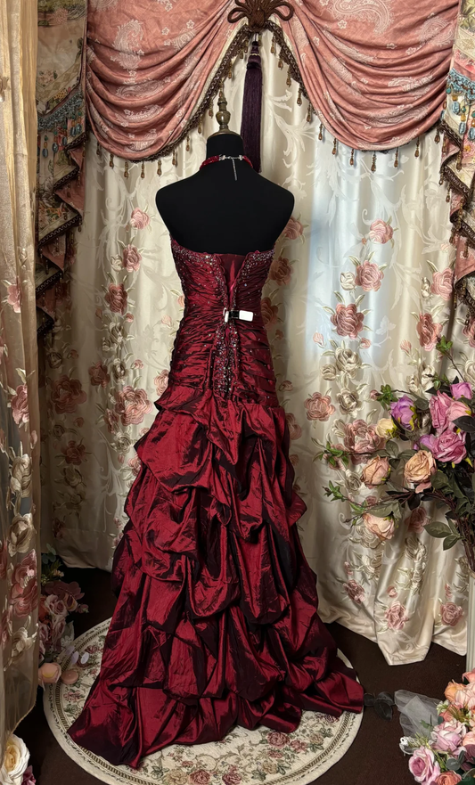 Wine Red Strapless A-Line Beading Satin Vintage Evening Gown, DP4284