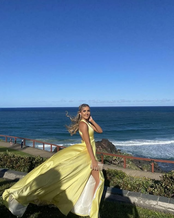Yellow Deep V Neck A-Line Backless Formal Party Dress with Slit,DP1976