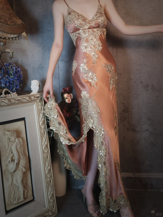 Vintage Champagne Sparkling Beaded Spaghetti Strap Design Elegant Satin Evening Dress Prom Dress DP6050