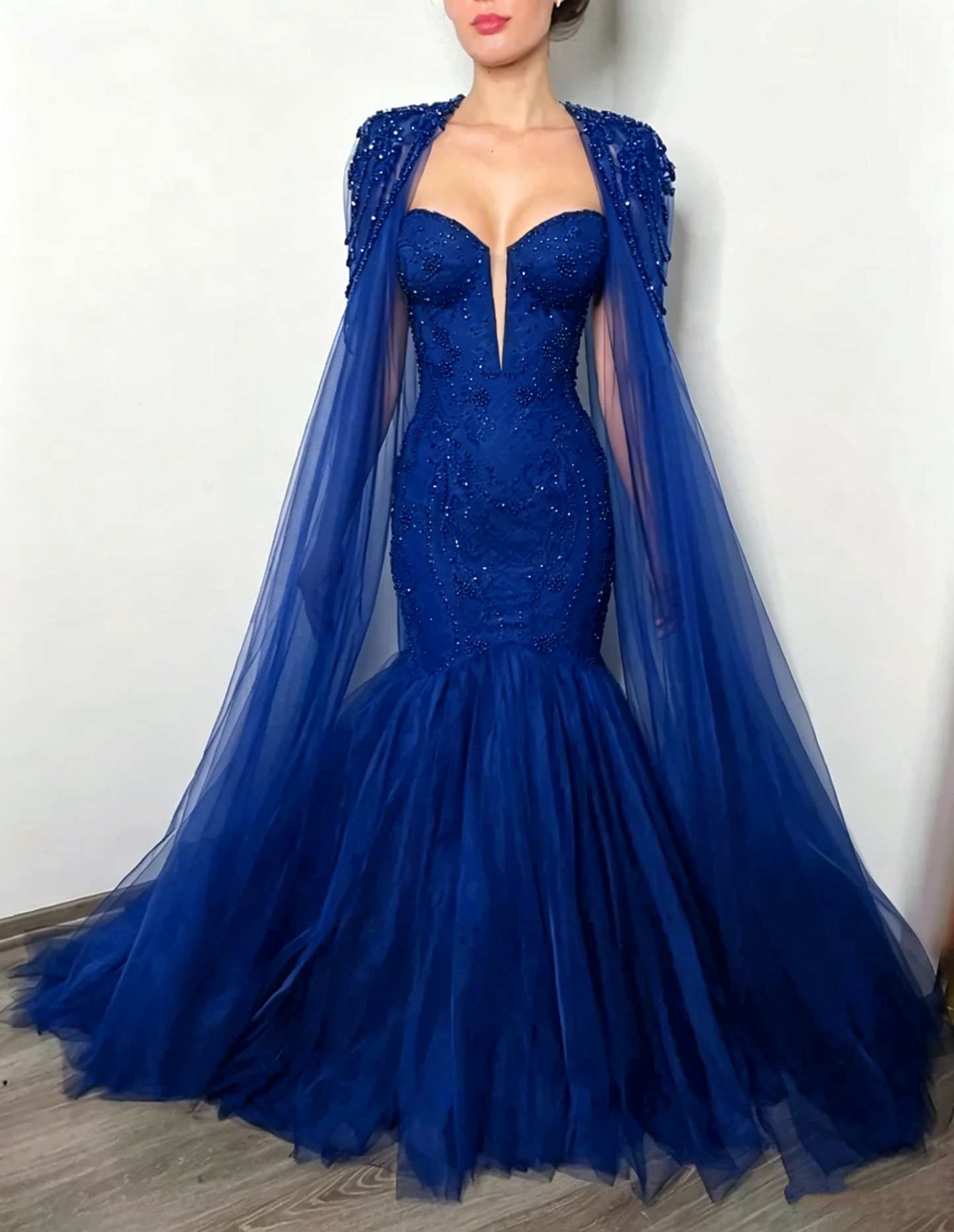 Luxury Beaded Mermaid Cape Evening Dress Tulle Formal Gown Prom Dress DS9575