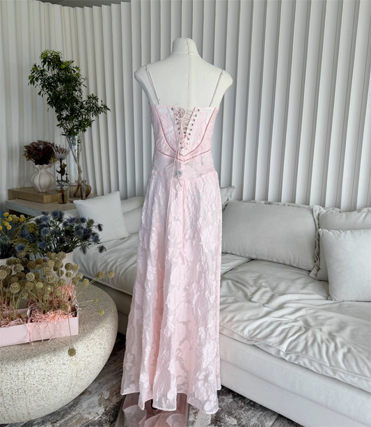 Süßes rosa A-Linien-Partykleid mit Spaghettiträgern und Applikationen, DP5897