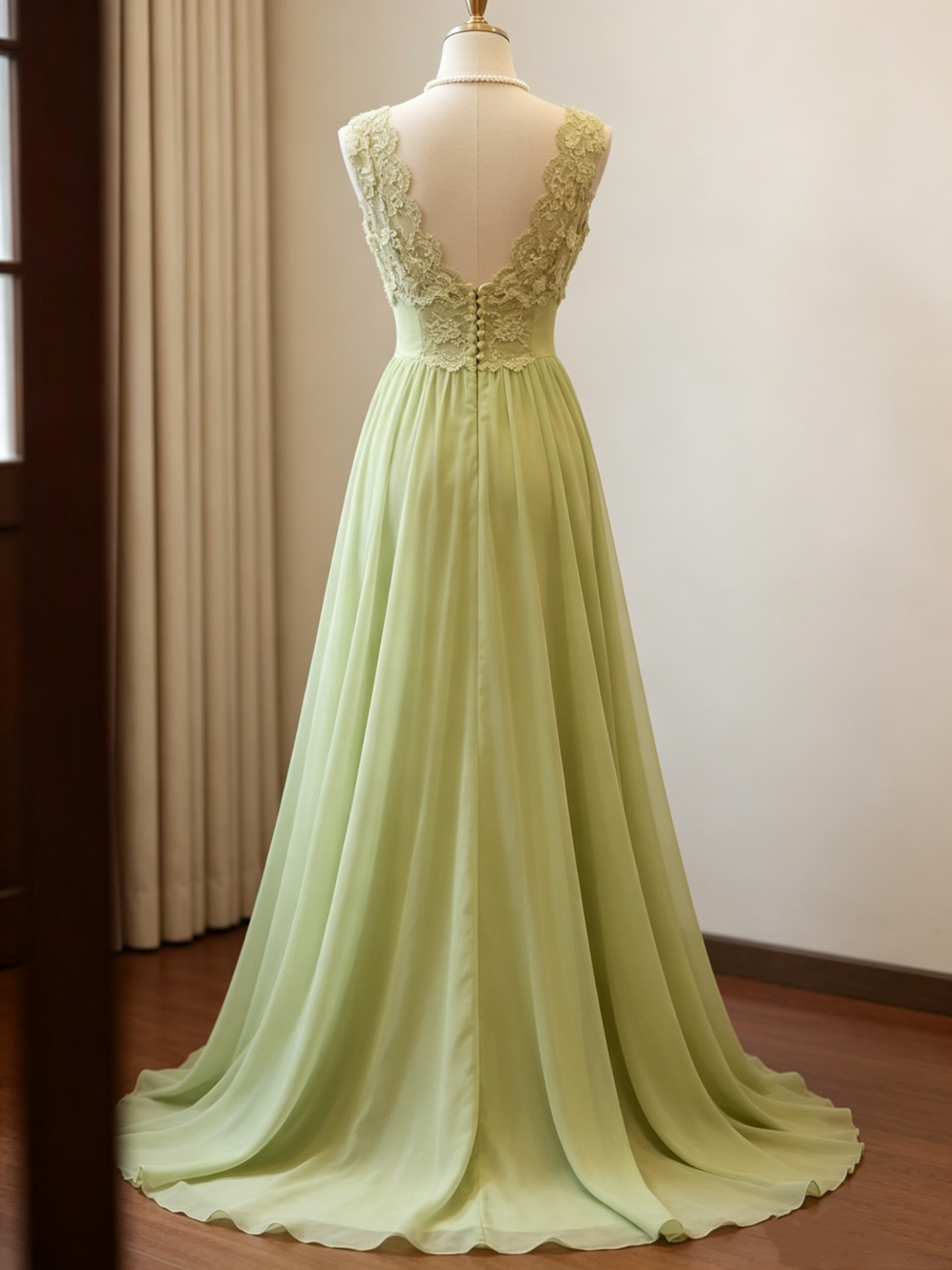Glamorous Sage Green Lace V-Neck Chiffon A-Line Long Evening Dress DP8379