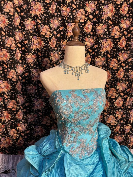 Gonne de bal vintage turquoise à plusieurs volants – Robe de princesse en organza brodée sans bretelles pour Quinceañera DP7009