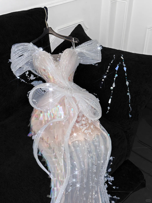 Robe de soirée élégante en mousseline de soie, vintage, champagne scintillant, à paillettes, épaules dénudées, DP6169