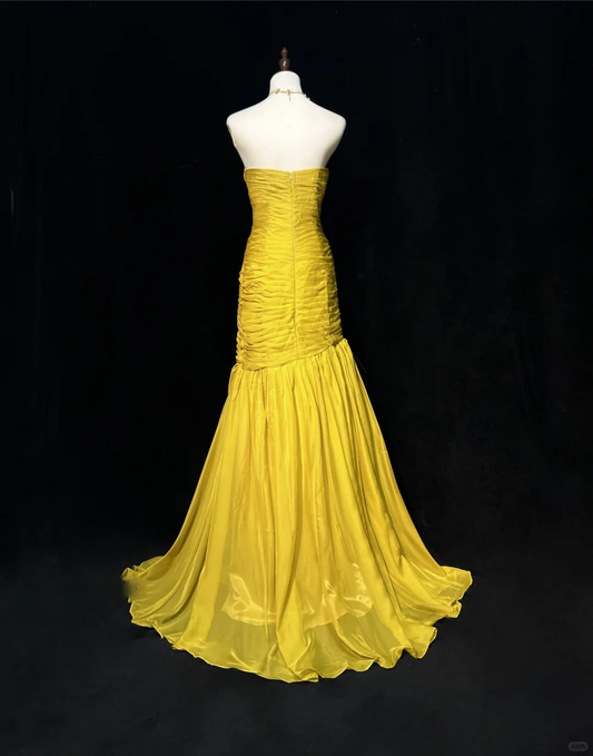 Elegant Yellow Strapless Ruched Prom Dress Mermaid Evening Gown DP7114