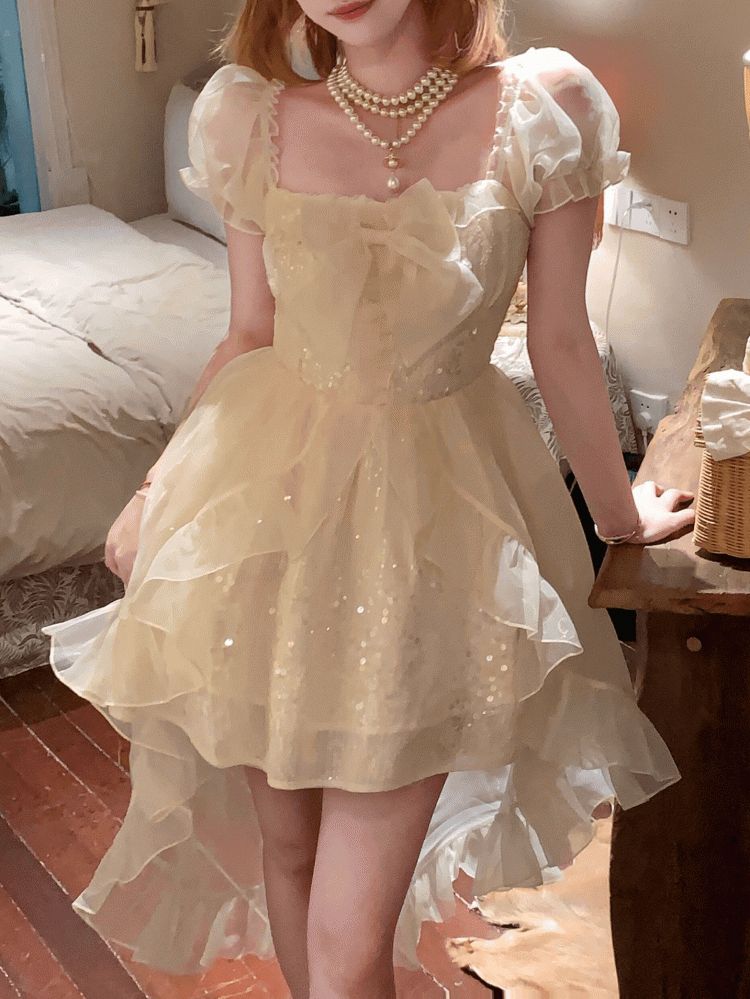 Lovely Champagne Sequin High-Low Homecoming Dress Puff Sleeves Mini Pa – DSProm
