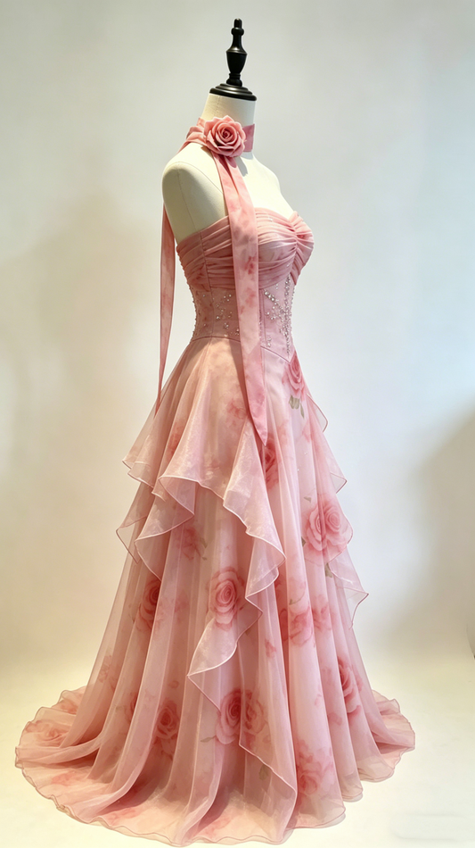 Glamorous A-Line Pink Chiffon Formal Dress Floral Beaded Prom Dress DP8256