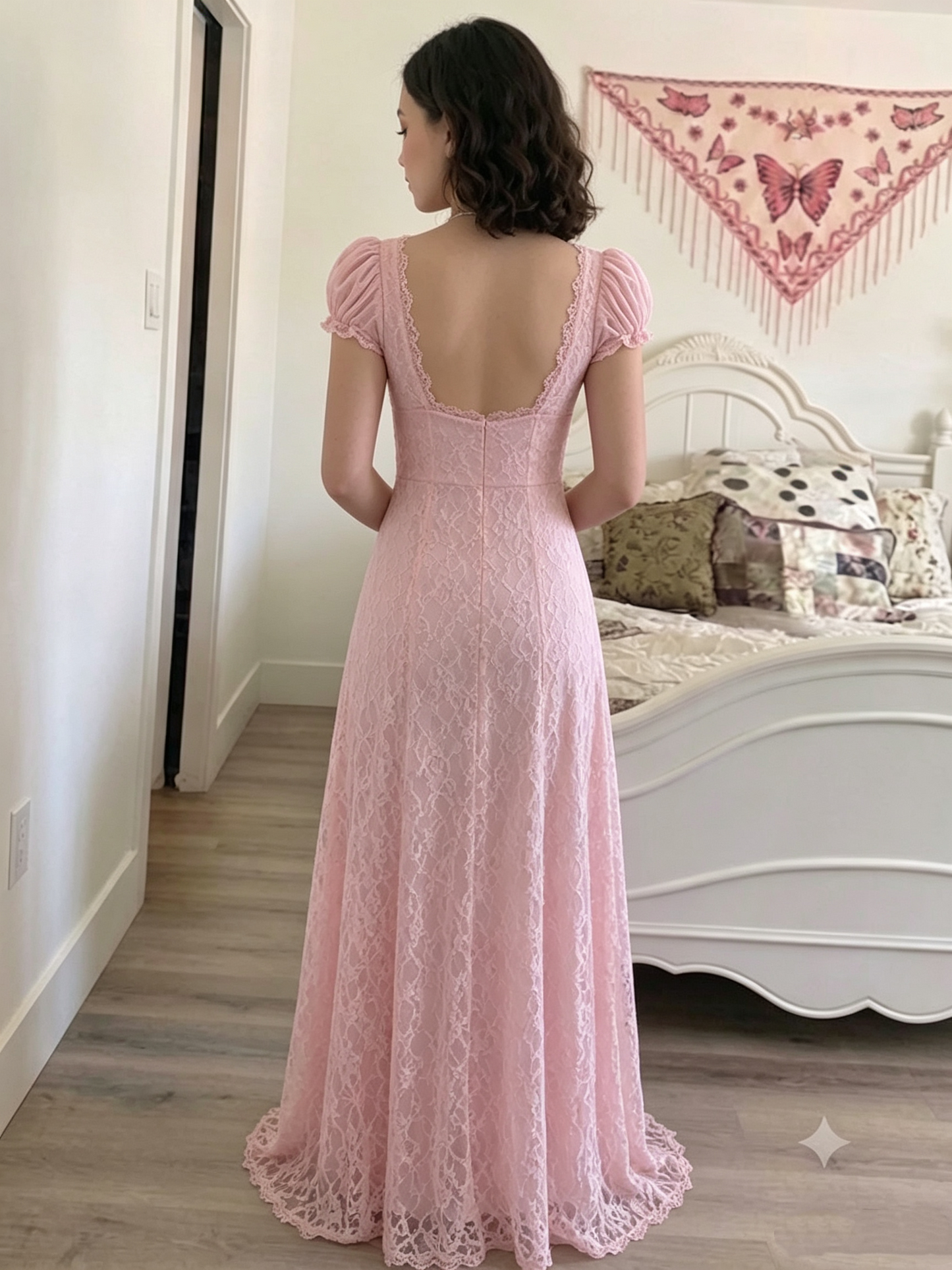 Elegant Pink Lace A-Line Puff Sleeve Prom Dress DP8794