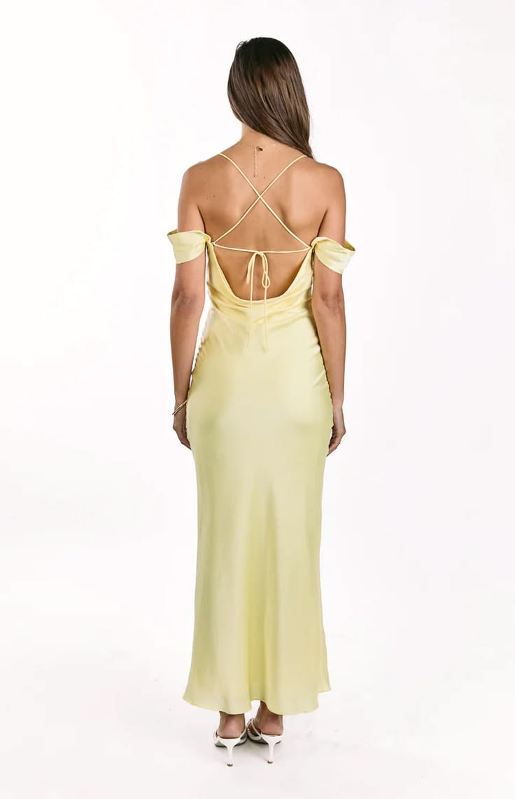 Elegant Pale Yellow Satin Off-the-Shoulder Spaghetti Strap Prom Dress DP8385