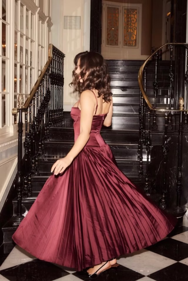 Burgundy Spaghetti Straps A-Line Long Party Dress Birthday Outfits, DP3334