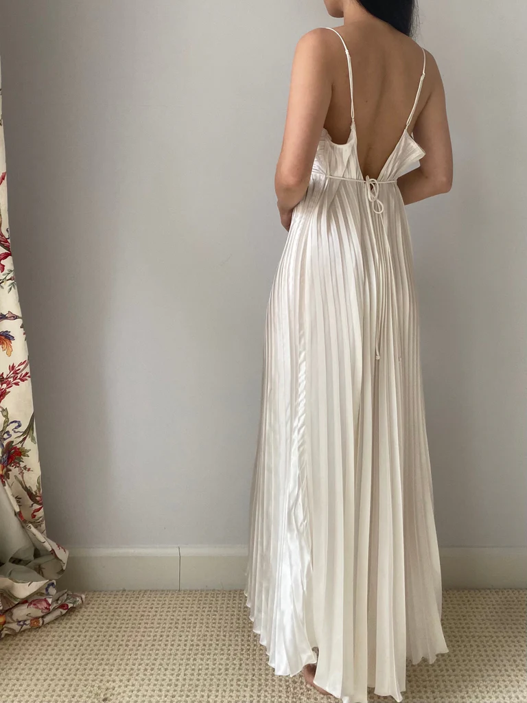 Ivory Spaghetti Straps A-Line Pleated Elegant Long Party Dress, DP3206